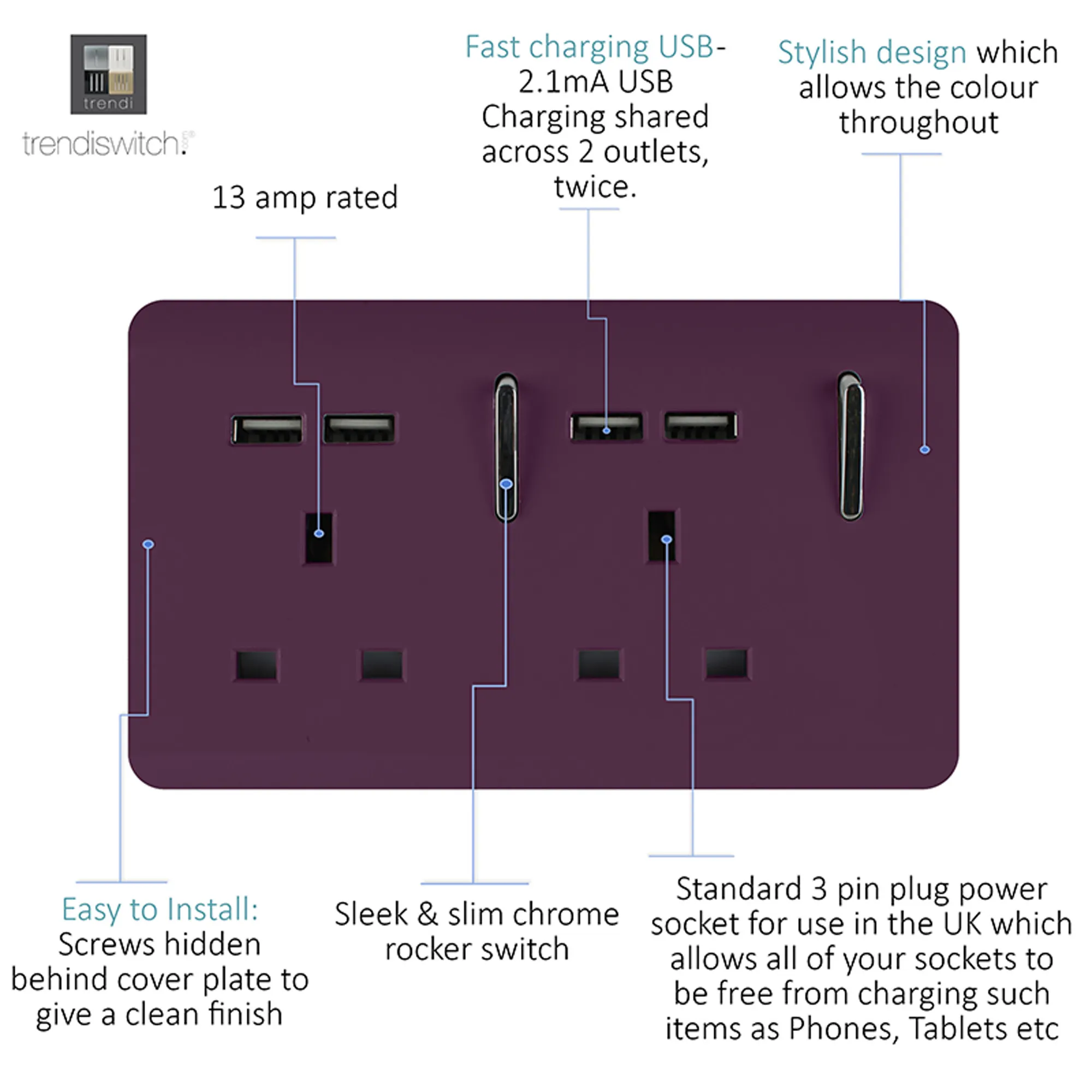 2 Gang 13Amp Switched Double Socket With 4X 2.1Mah USB Plum ART-SKT213USBPL  Trendi Plum